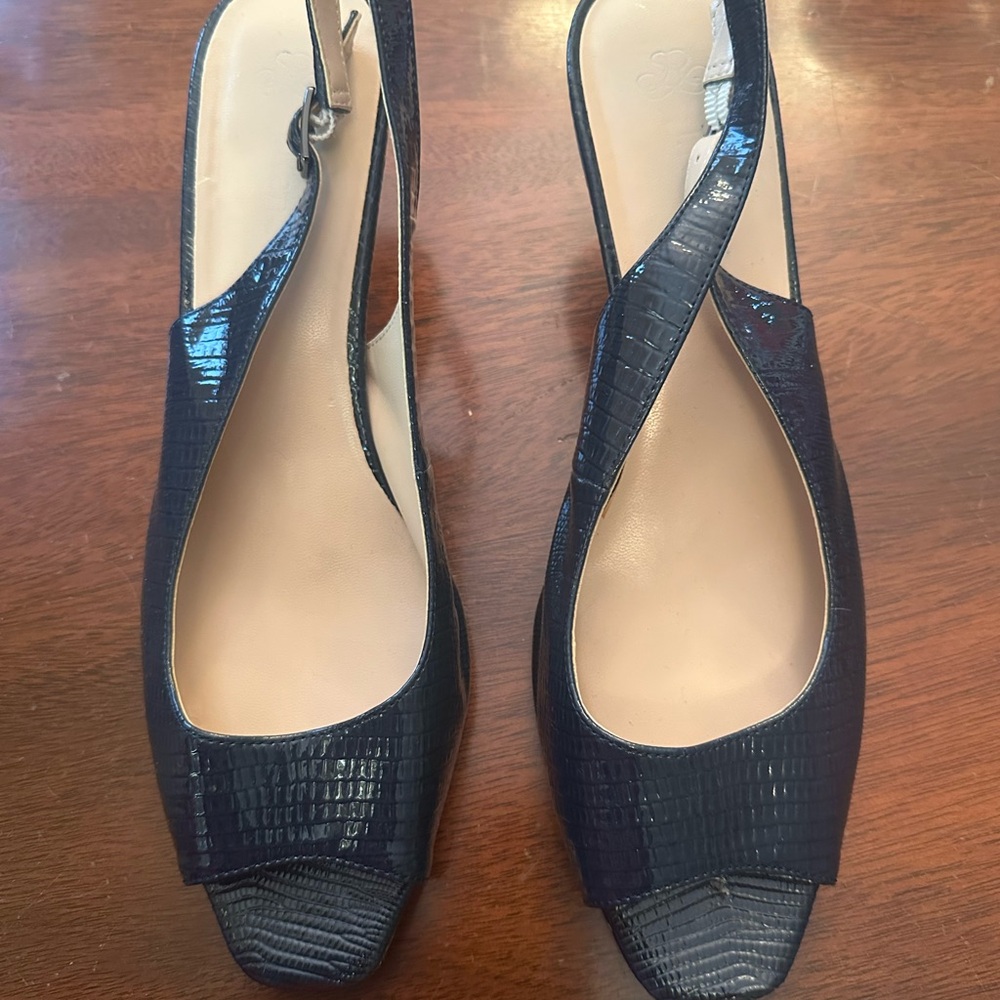 Navy Croco Embossed Peep Toe Slingback 2.5’ Adjustable Heels
